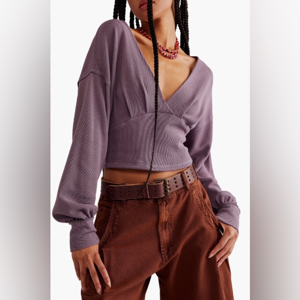 Free People Ribbed V-Neck Long-Sleeve Cropped Top